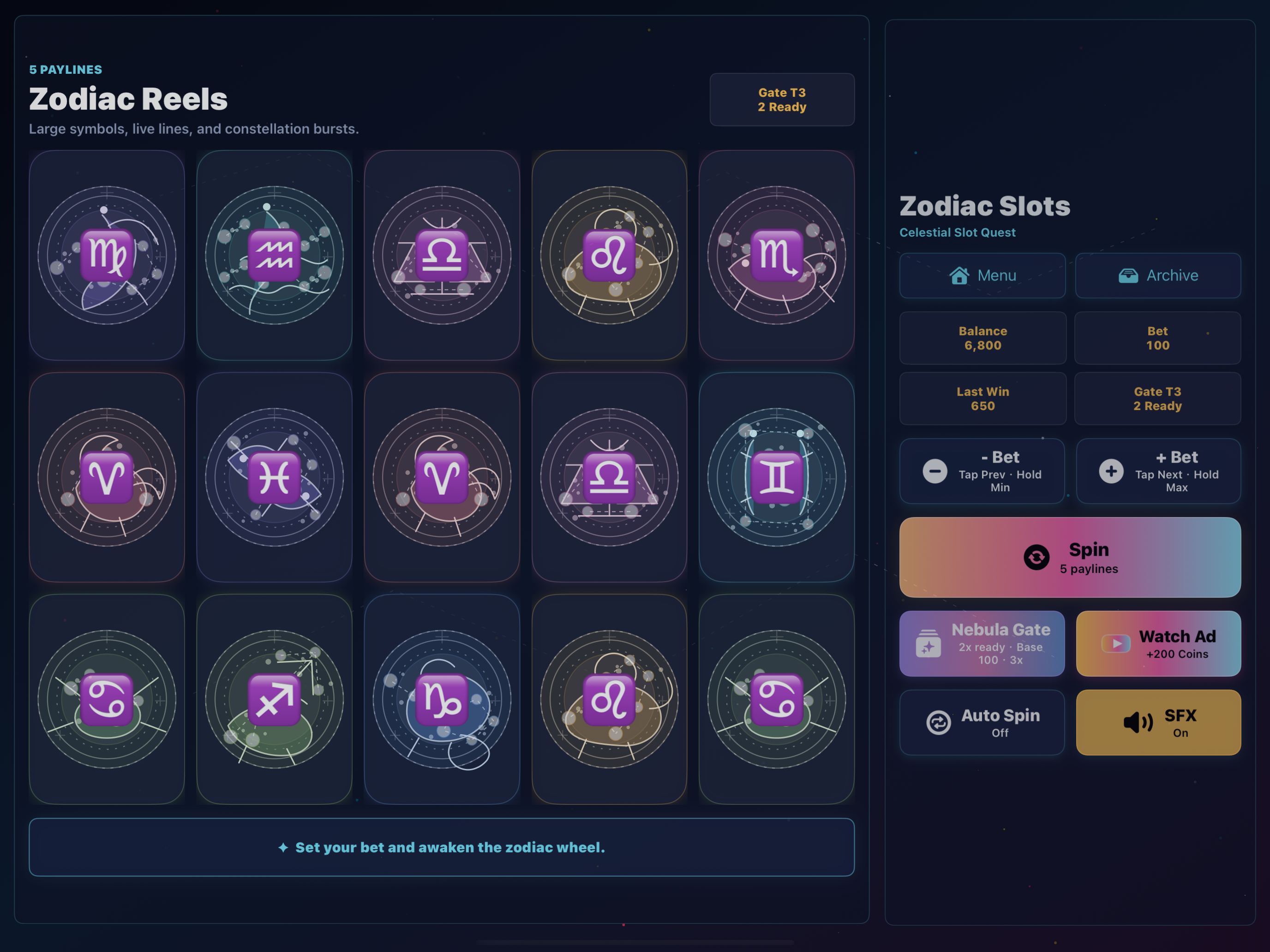 Zodiac Slots iPad landscape gameplay showing large reels on the left and controls on the right.