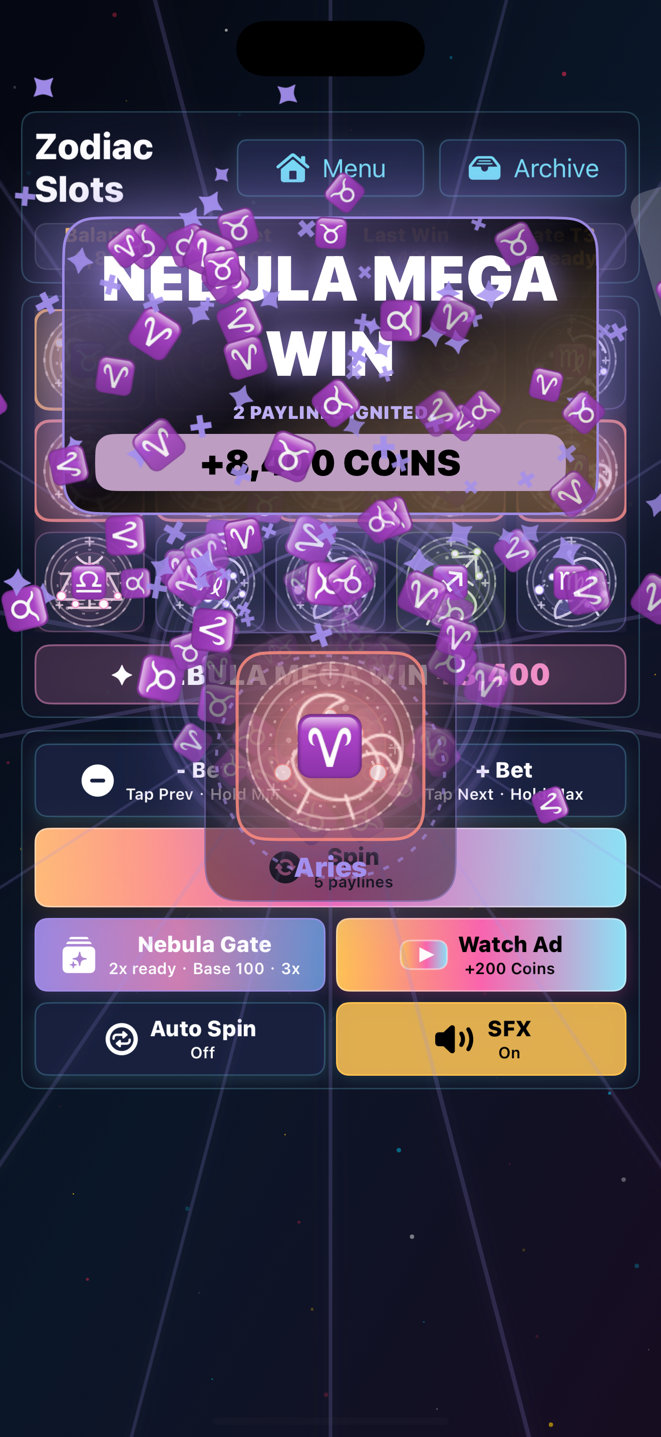 Zodiac Slots iPhone gameplay with Nebula Gate win effects.